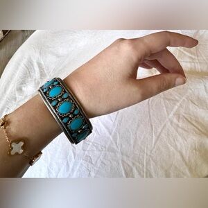 Turquoise and Silver Bracelet Inlaid Nickel Silver Tooled Cuff Tribal Country